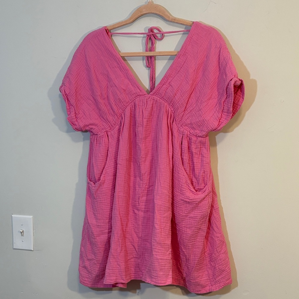 Day + Moon Bubblegum Pink Cotton Gauze Babydoll Peasant Mini Dress, Medium